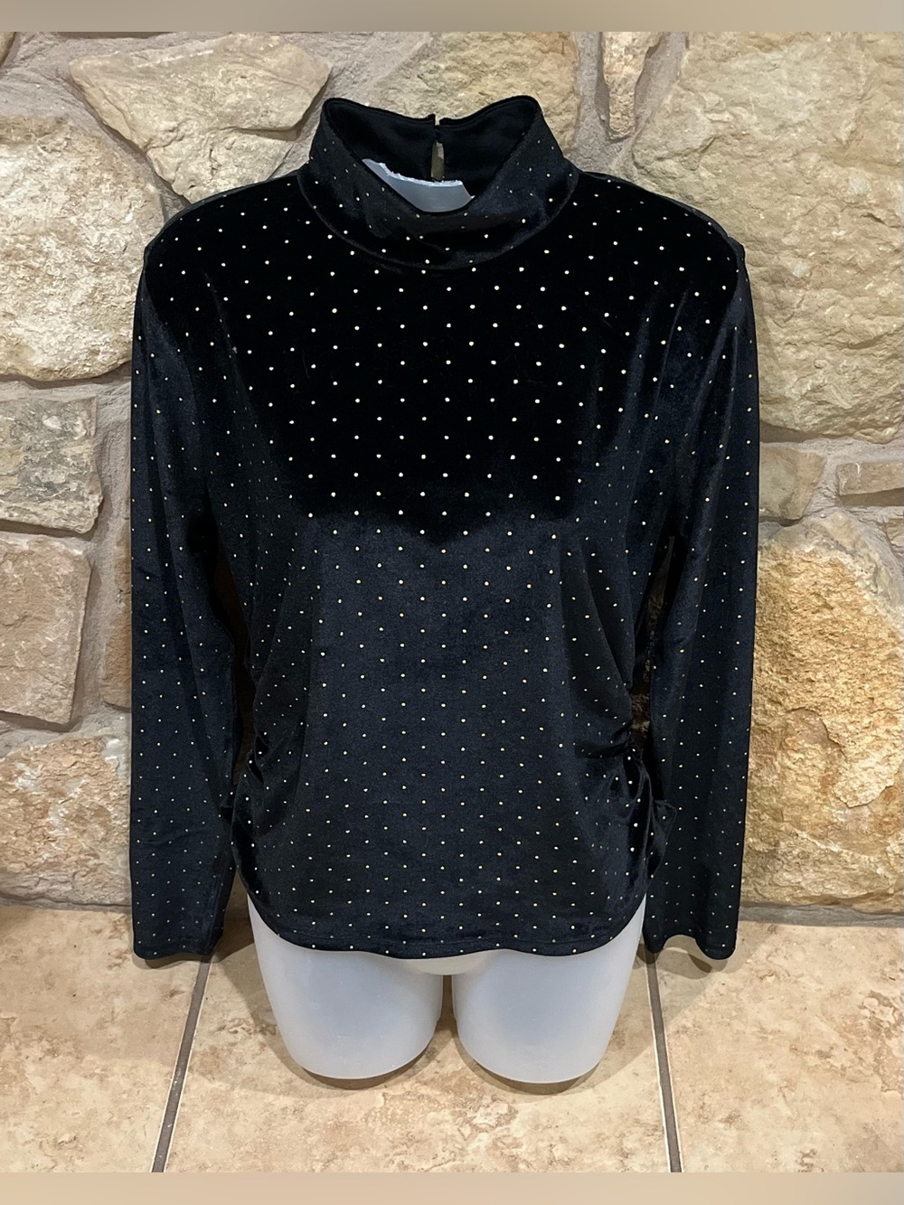 New Michael Kors Black Velvet Mock Neck Top Gold Stud Details Holiday Wear NWT